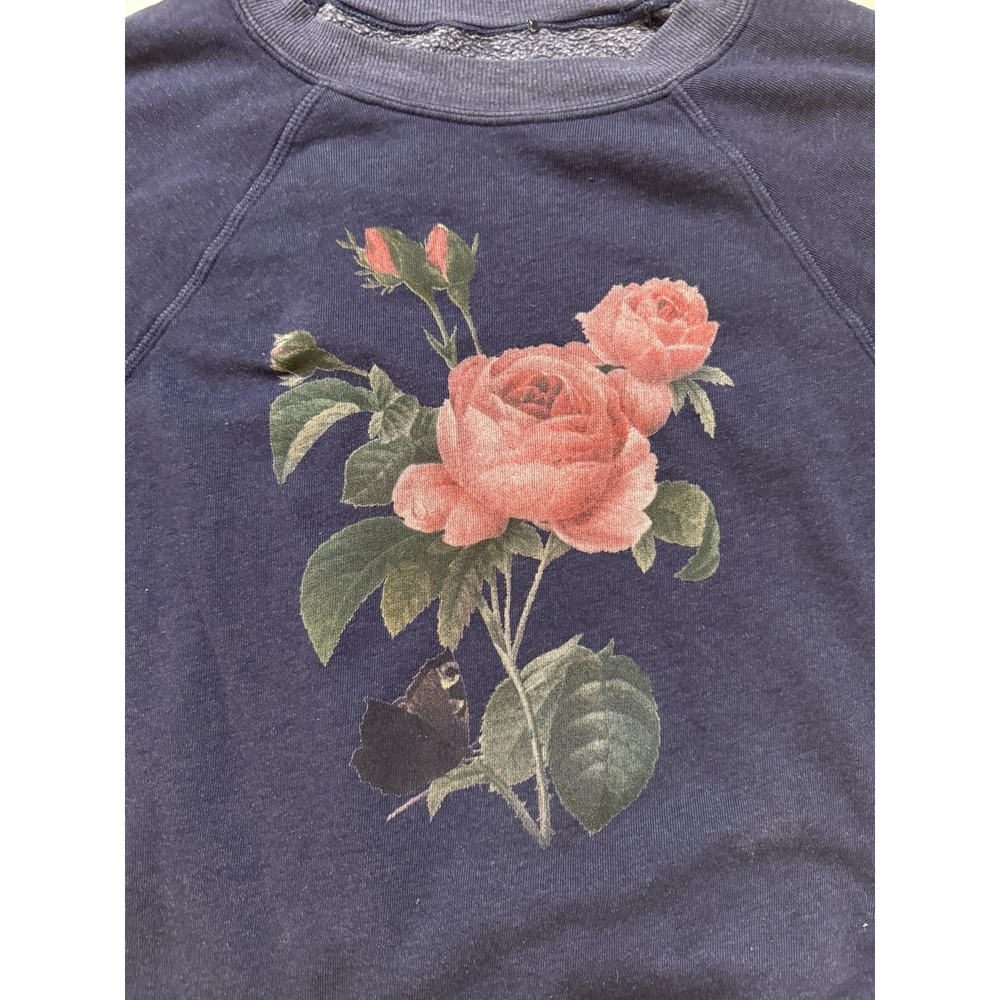 Vintage‎ 70s Floral Rose Sweatshirt Women Med Raglan Boxy Faded Botanical 80s - Picture 2 of 7